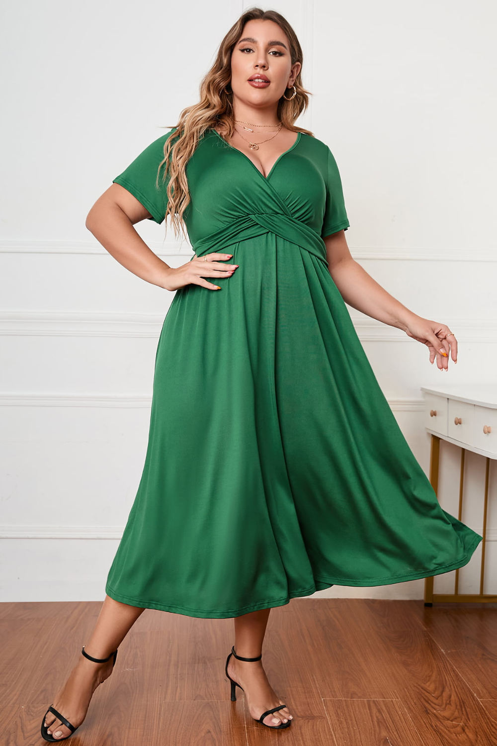 La Camille Short Sleeve Surplice Neck Midi Dress