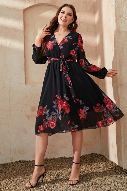 La Juliette Floral Surplice Neck Tie Waist Dress